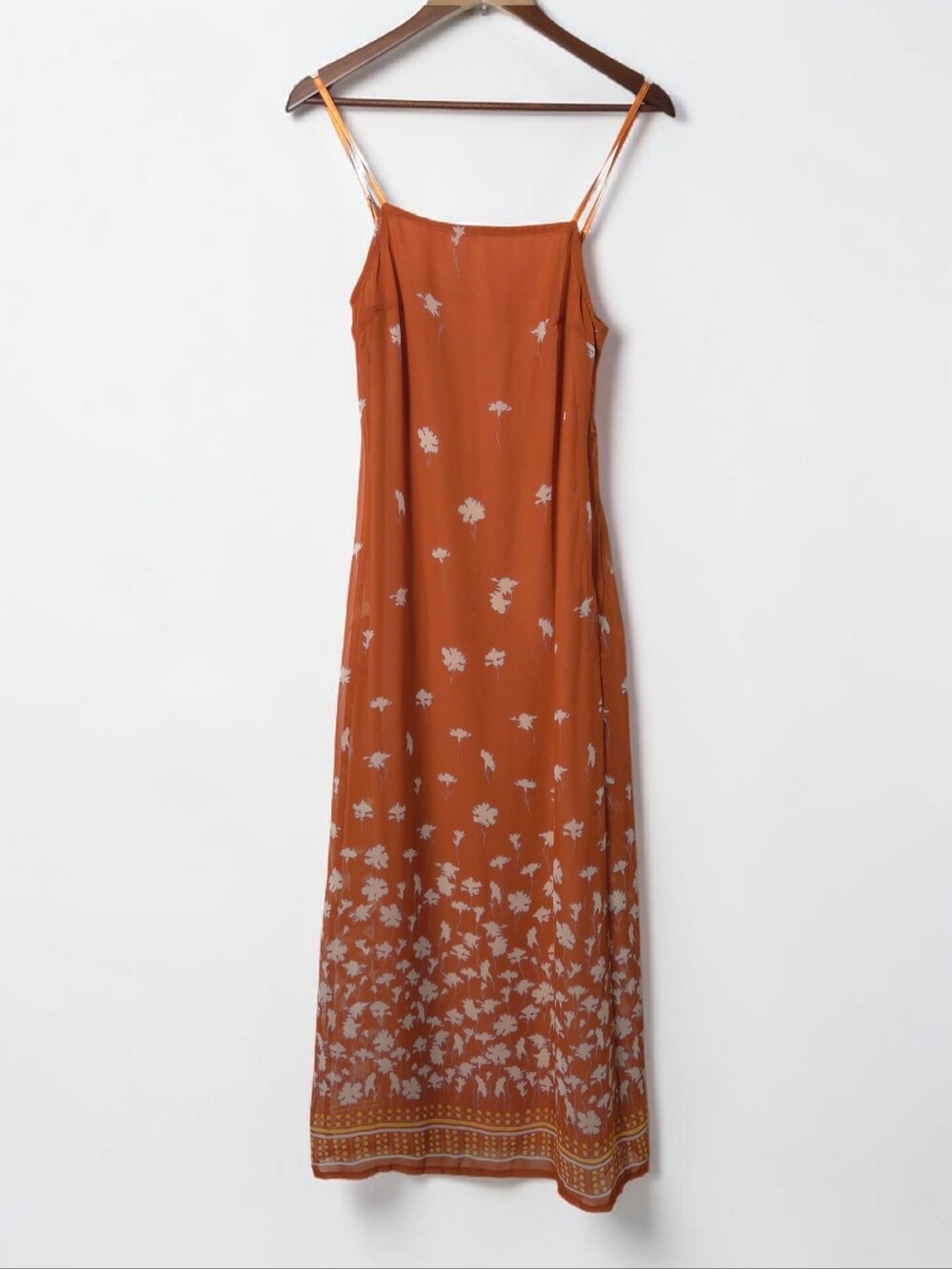 Sisley Maxi Slip Dress Size XS Peach Orange Floral Print Boho Hippie Euro Chic